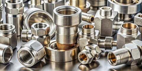 Poster - A Close-Up View of a Collection of Polished Metal Fittings with Precisely Machined Threads and Finishes
