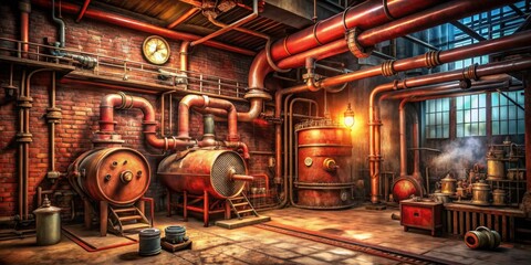 Poster - An Industrial Interior Filled with Rusted Piping, Vintage Machinery, and a Dim Glow from a Hanging Light Bulb