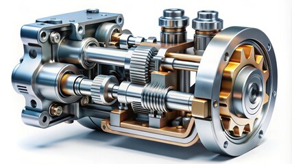 Poster - A detailed view of a mechanical gear system with intricate metal components and a gold gear