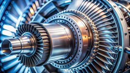 Poster - Close-up of the intricate metallic parts of an industrial turbine engine, showcasing precision engineering and powerful mechanics.