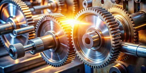 Poster - A close-up of a series of intricate gears and axles within a complex machine, illuminated by a warm glow, showcasing the precise mechanics and intricate details of industrial engineering