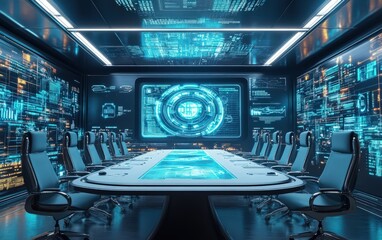holographic communication system in a futuristic business meeting room