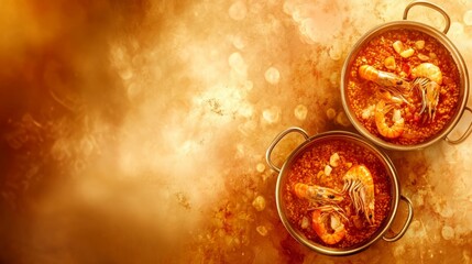 Two bowls of Spanish paella with shrimp and saffron rice on a rustic golden background, top view.