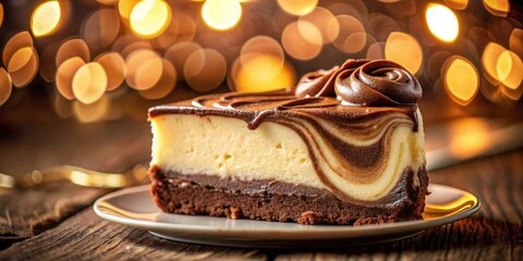 Poster - A Swirled Chocolate Cheesecake Slice Adorned with a Chocolate Rose, Presented on a White Plate Against a Warm, Bokeh Background