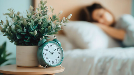 drowsy nightstand morning alarm, sleepy clock bed woman, weary snooze tired sleep, peaceful routine 