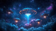 © Adamandgirls - A stunning depiction of UFOs hovering in a starry sky, illuminated by vibrant colors and surrounded by cosmic clouds.