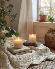 Wall Mural - Candles on cozy blanket, natural light setting.