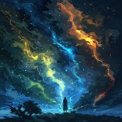 a lone figure stands in awe beneath a vibrant, celestial sky filled with swirling colors and glowing