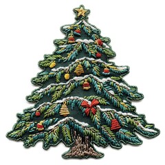 needlepoint embroidery iron on patch of a christmas tree. embroidered christmas tree patch with orna