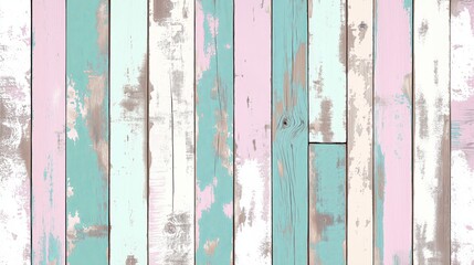 Wall Mural - A vintage, rustic wood surface with faded, peeling paint in soft, pastel colors.