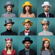 © Irinka Dimkovna - Grid of people in stylish hats and formal clothing on teal background. Studio portrait photography with vintage aesthetic.