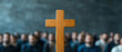 © Pui - A crowd mourning a loss, A wooden cross stands prominently in focus, symbolizing faith, spirituality, and community during a religious gathering.