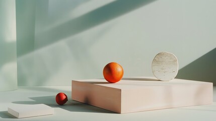 Wall Mural - Minimalist still life of spheres and shapes on a sunlit surface, creating abstract art with playful shadows and a soothing pastel backdrop.