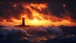© Prana - Fiery Sunset Behind a Lighthouse in a Stormy Ocean