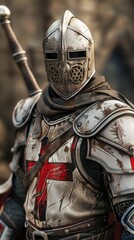 A dark medieval scene surrounds the Templar warrior, equipped with a sword, displaying a sense of bravery and readiness for battle.