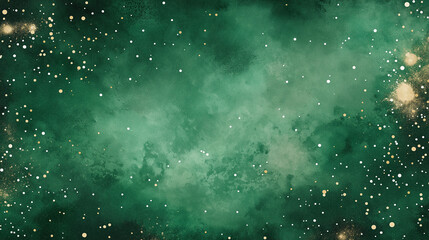 Starry green galaxy background with shimmering stars and cosmic clouds illuminating the night sky