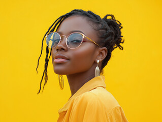 Smiling stylish Gen Z Black hipster standing against a vibrant yellow background, looking away with a positive expression, perfect for advertising and promotional concepts.