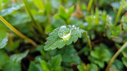 Wall Mural - macro shot of glistening raindrop on green leaf, showcasing nature beauty and intricate details. vib