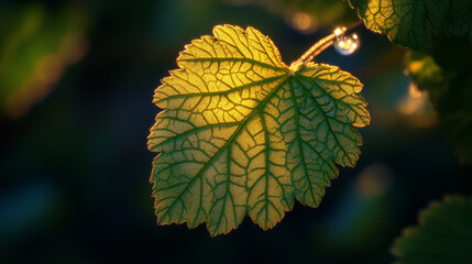 Wall Mural - single dewdrop clings to vibrant green leaf, showcasing intricate veins and warm glow from sunlight.