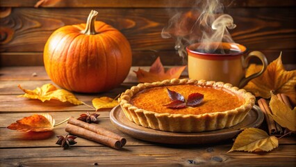 Wall Mural - A steaming pumpkin pie on a rustic wooden table, surrounded by autumn leaves, cinnamon sticks, and star anise, a perfect Thanksgiving treat.