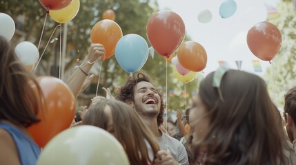 A man smiles joyfully amidst a crowd of people holding colorful balloons against a backdrop of trees and clear skies at a lively outdoor event.