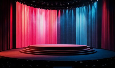 Poster - Empty stage with red and blue curtains.