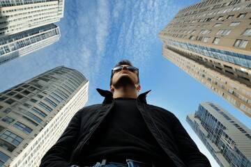 Confident man with sunglasses surrounded by modern city skyscrapers against blue sky