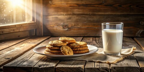 Wall Mural - A rustic wooden table setting with a plate of freshly baked cookies and a glass of milk, illuminated by a soft stream of sunlight coming through the window.