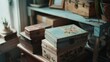 © VK Studio - Vintage floral boxes stacked on a rustic shelf, bathed in soft morning light, evoke nostalgia and timeless elegance.