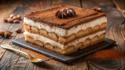 Poster - A decadent layered dessert with rich cocoa powder, creamy mascarpone, and delicate ladyfingers, beautifully displayed on a rustic wooden surface.