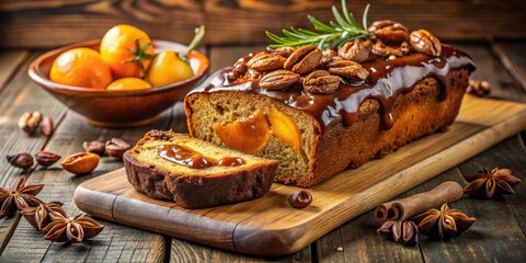 Wall Mural - A slice of pecan-topped bread loaf with a sweet and sticky caramel glaze, featuring a bright yellow apricot filling