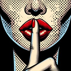 close-up of red lips and a finger, symbol of a secret