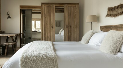 Rustic bedroom with white bedding and wooden furniture.