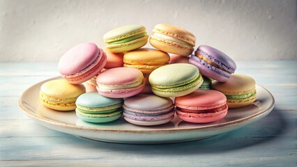 a delightful array of colorful macarons on a white plate, ready to be enjoyed for a sweet treat