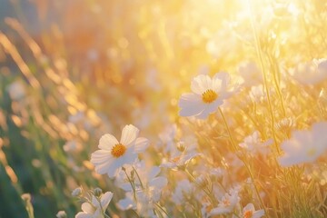 A sunny day scene featuring a vast field of white flowers, perfect for spring or summer themes