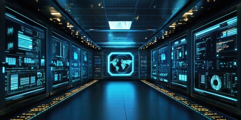 Aufkleber - A futuristic data center featuring glowing holographic screens with complex data analytics and advanced AI systems monitoring network traffic.