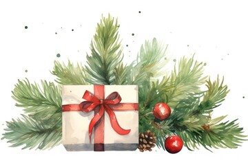 Wall Mural - Christmas Tree Branch Decoration With Gift Box christmas tree decoration.