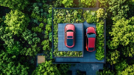 Aerial view of two red cars parked on a green rooftop surrounded by lush vegetation.