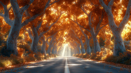 Tree lined road in the autumn season, a view of an empty country street with trees on both sides and sunlight filtering through them. Autumn colors.