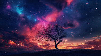Wall Mural - mystical tree silhouette night, ethereal sky space starry colorful, enchanting wallpaper galaxy land