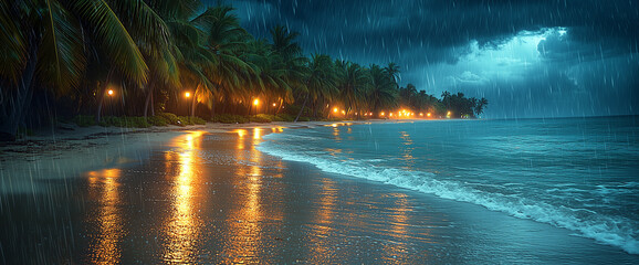 Wall Mural - Tropical beach with palm trees under rain at night. Stormy weather, sea waves, and glowing street lamps in the background. Dark sky with a thunderstorm and heavy raindrops.