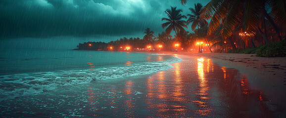 Wall Mural - Tropical beach with palm trees under rain at night. Stormy weather, sea waves, and glowing street lamps in the background. Dark sky with a thunderstorm and heavy raindrops.