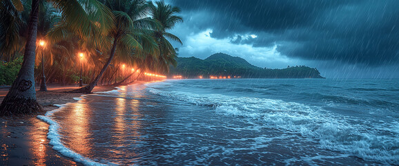 Wall Mural - Tropical beach with palm trees under rain at night. Stormy weather, sea waves, and glowing street lamps in the background. Dark sky with a thunderstorm and heavy raindrops.