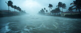Tropical storm with high winds and strong gusts, over the coastal town, with rising water levels on the streets. Palm trees swaying under the force of nature.