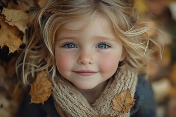 cute young girl is smiling surrounded by autumn leaves, wearing a knitted scarf