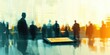 © kwanchaift - A blurry image of a corporate seminar features a digital signature pad and stylus, surrounded by abstract business elements.