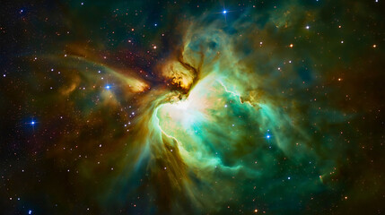 ethereal green galaxy cosmos, mysterious space nebula universe light, radiant abstract glow deep bac