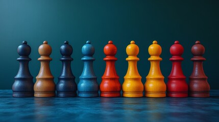 Wall Mural - A row of wooden chess pieces are lined up on a table