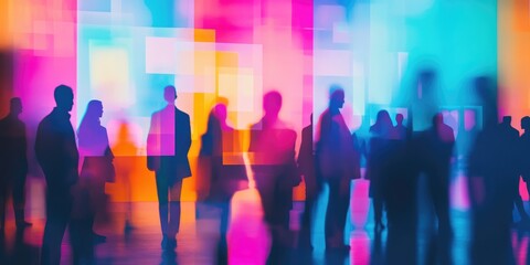 Blurred figures at a corporate seminar, shown with vibrant, abstract lighting and soft ambient background elements.