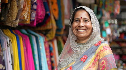 indian female clothing store owner smiles